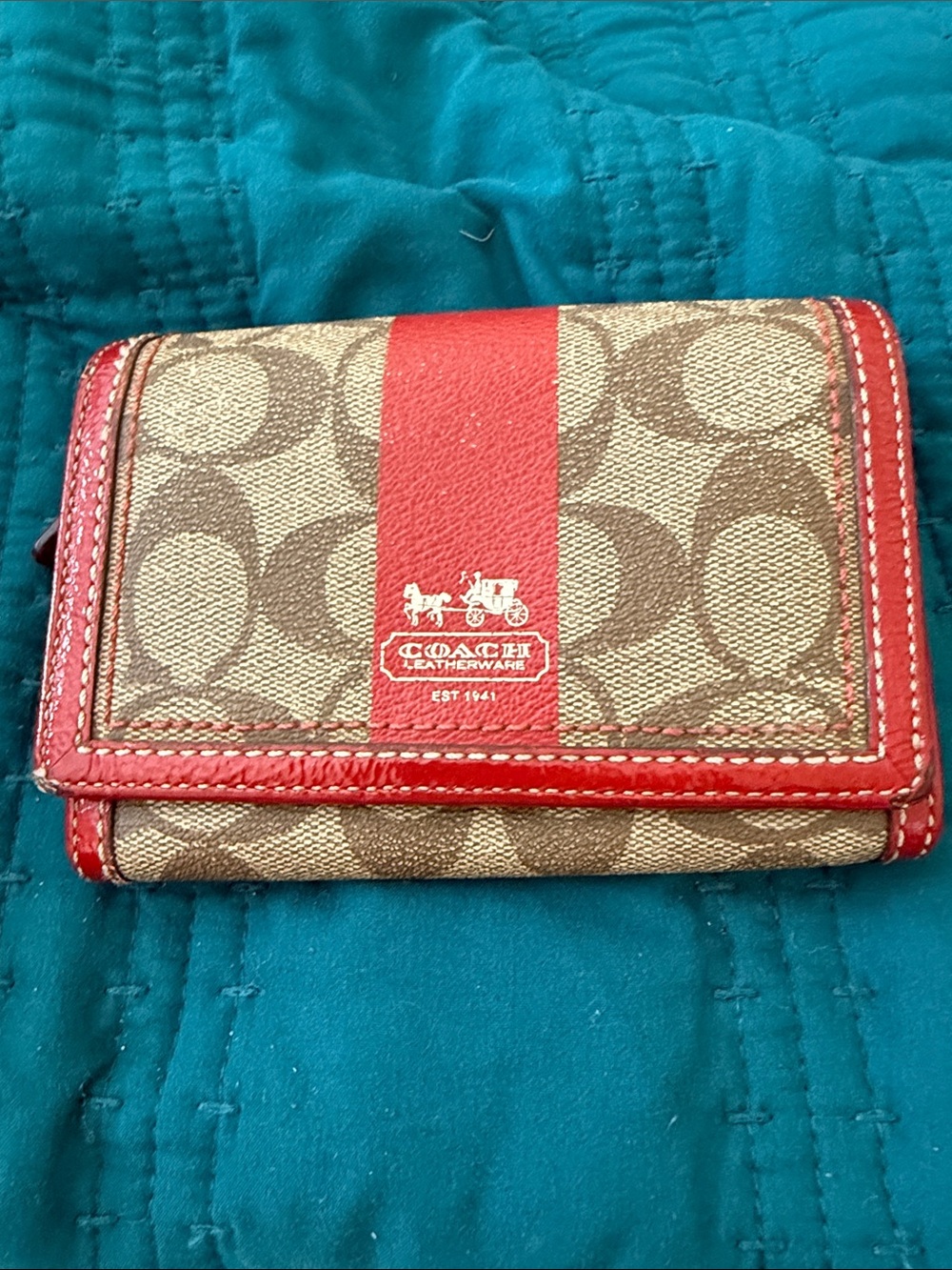 Coach Brown Signature Canvas Wallet with Red Trim & Tattersall Interior